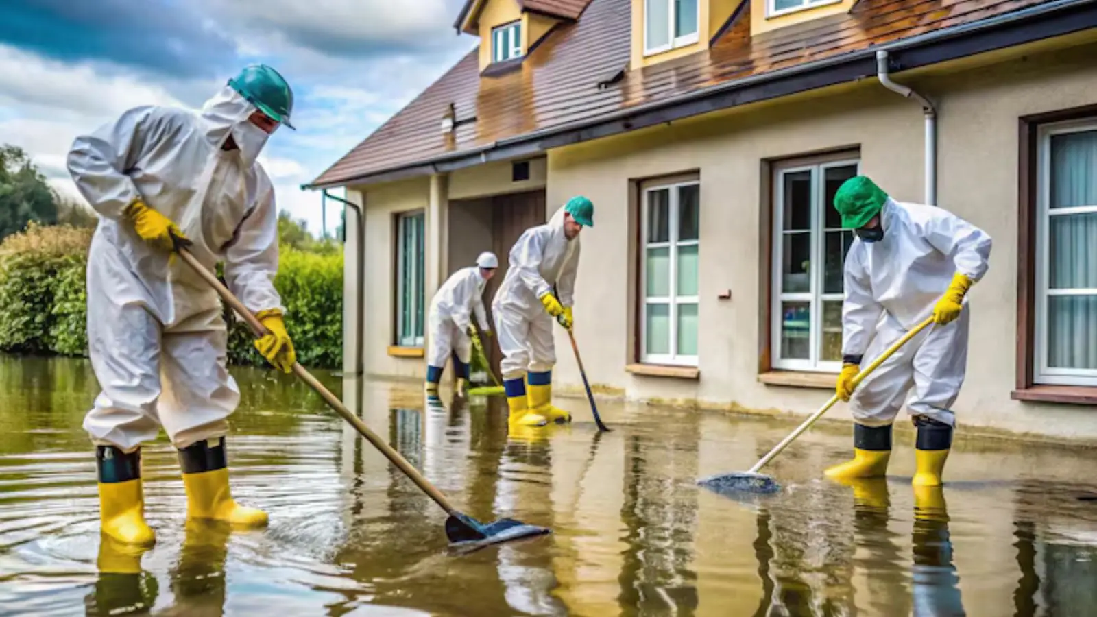 Restoration crew in protective suits and yellow boots clearing floodwater from the front of a house